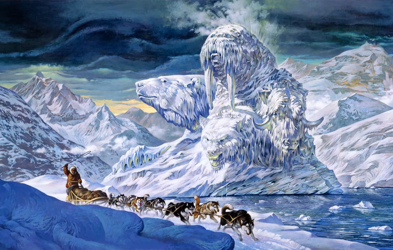 Photo wallpaper animals, snow, mountains, fiction, wolf, ice, iceberg, walrus