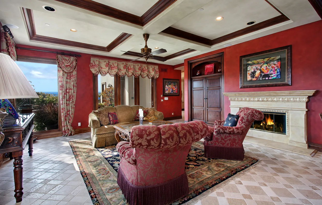 Photo wallpaper photo, Design, Chair, Carpet, Fireplace, Interior, Living room
