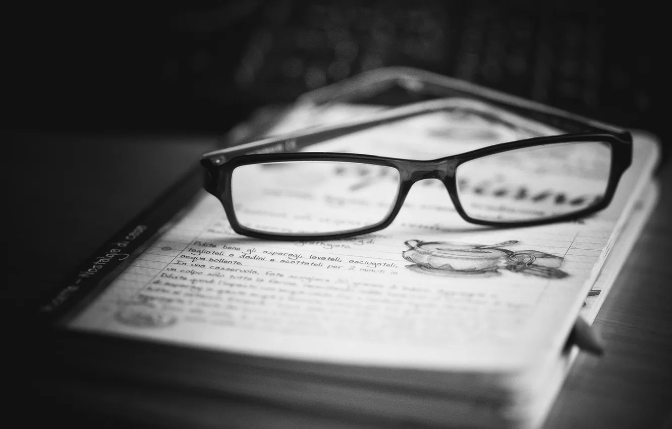 Photo wallpaper table, glasses, black and white, pencil, notebook