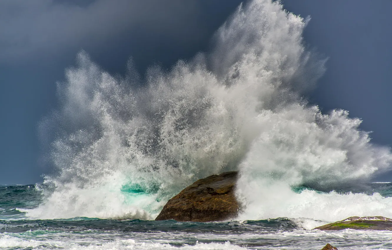 Photo wallpaper sea, squirt, storm, rock, wave