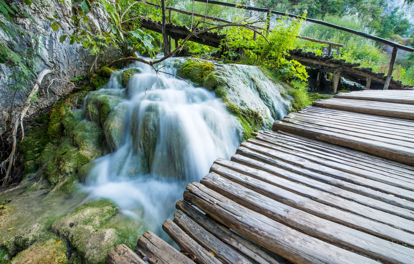Photo wallpaper stones, rocks, waterfall, moss, bridges