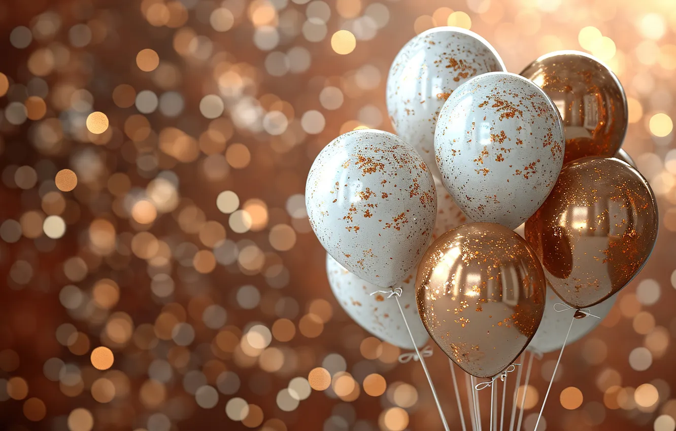 Photo wallpaper balloons, background, birthday, golden, Happy Birthday, background, bokeh, balloons