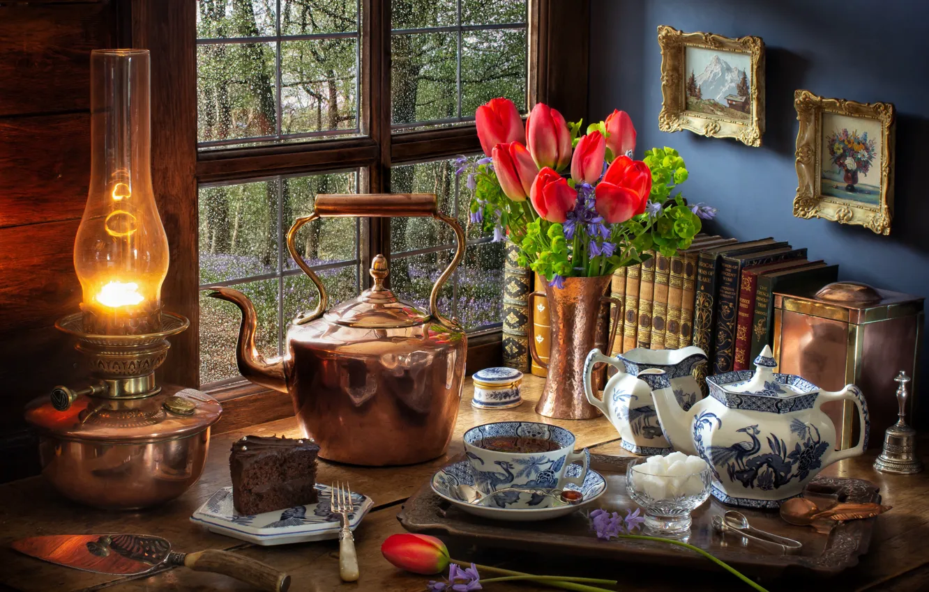Photo wallpaper flowers, style, tea, books, lamp, bouquet, kettle, window