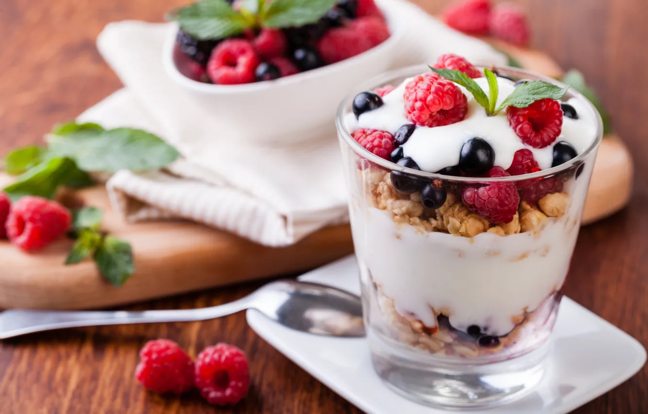 Photo wallpaper berries, raspberry, dessert, cereal, yogurt