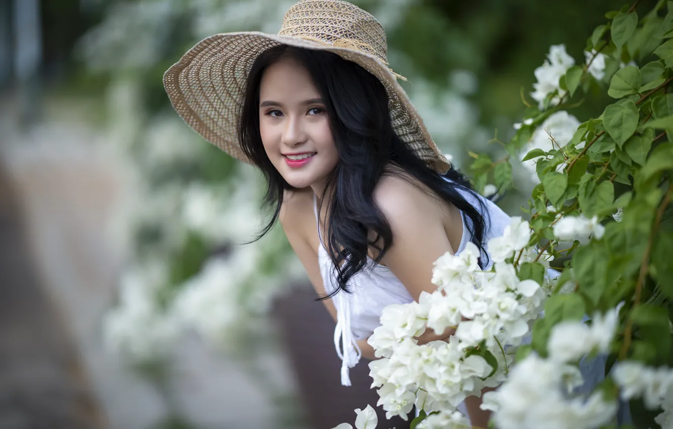 Photo wallpaper girl, nature, hat, Asian, black hair