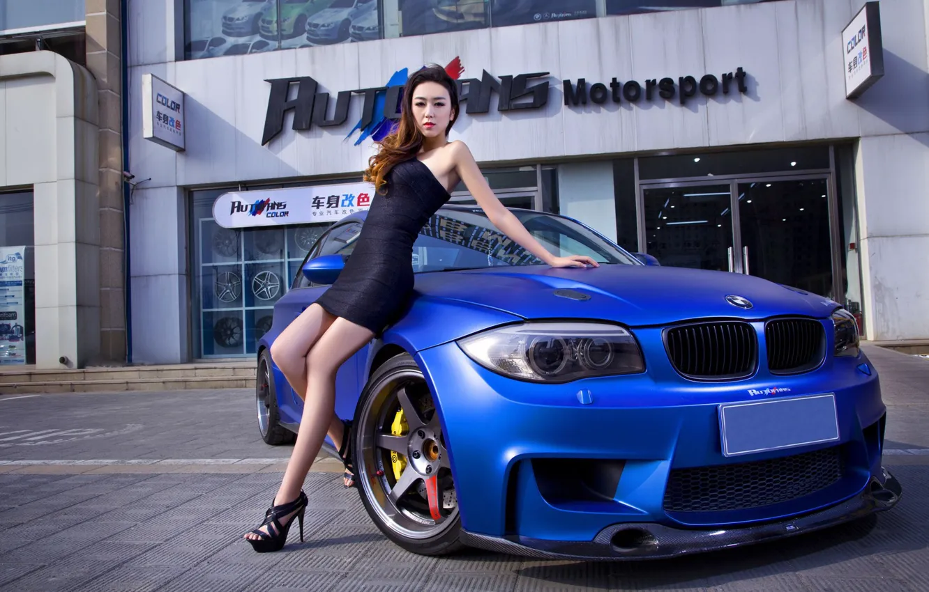 Photo wallpaper look, girl, BMW, hairstyle, Asian, beautiful girl, blue auto