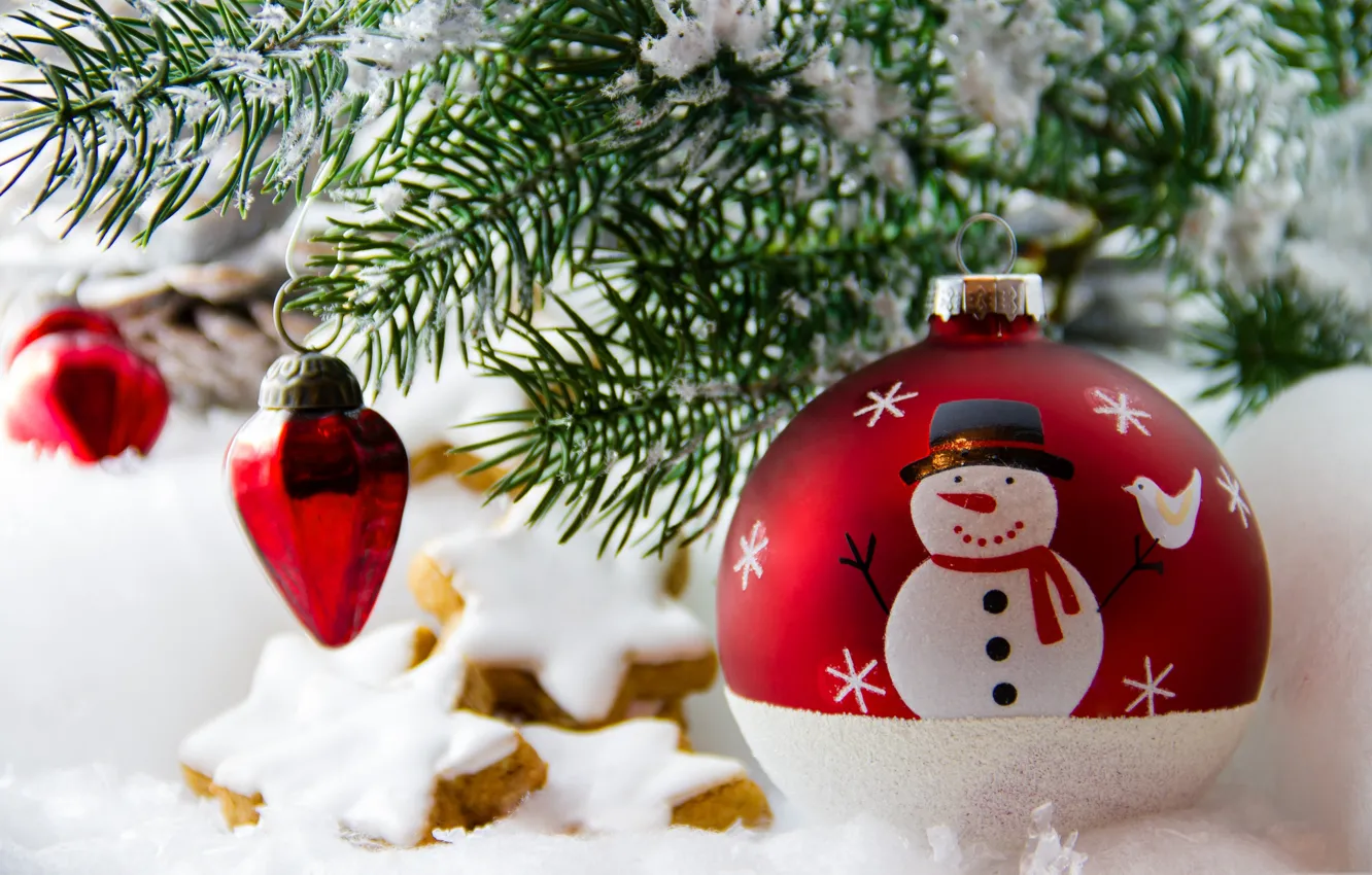 Photo wallpaper decoration, holiday, tree, ball, Christmas, snowman