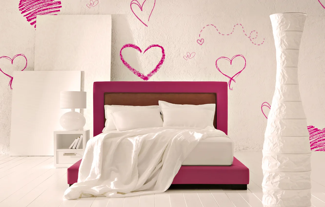 Photo wallpaper bed, interior, hearts