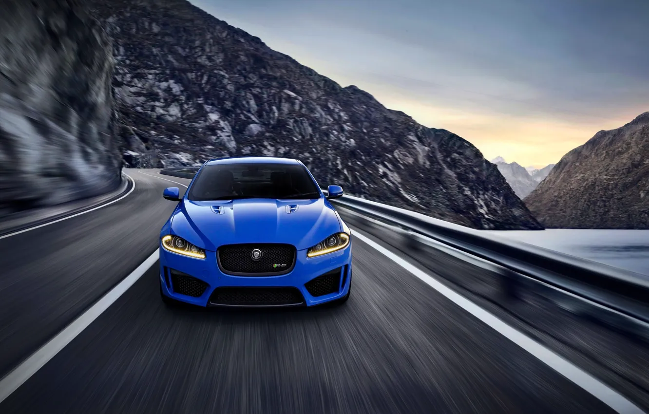 Photo wallpaper Jaguar, Auto, Blue, The hood, Sedan, Lights, XFR-S