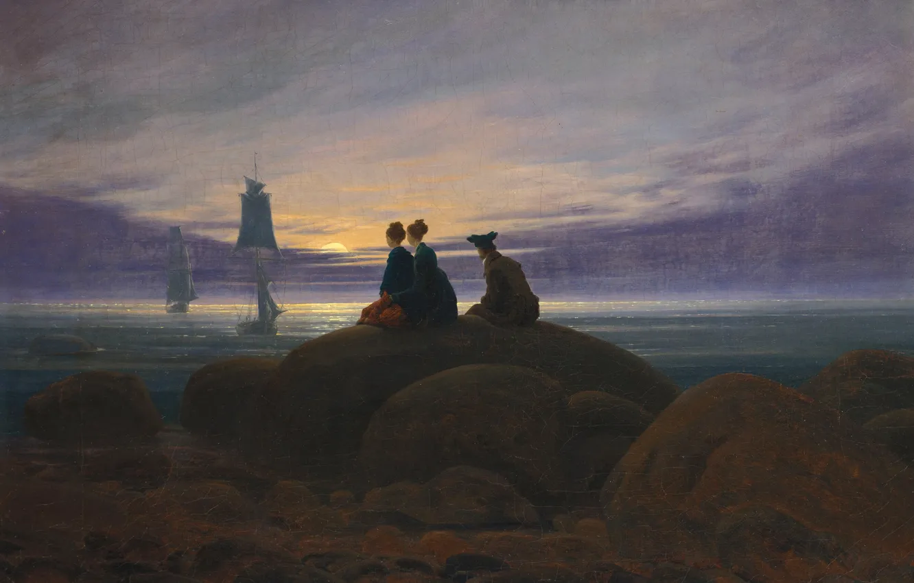 Photo wallpaper landscape, stones, people, ship, picture, sail, Caspar David Friedrich, Moonrise over the Sea