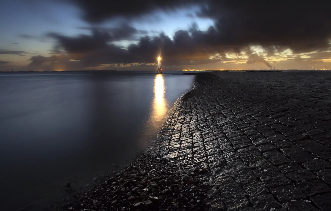 Photo wallpaper sea, night, shore, lighthouse