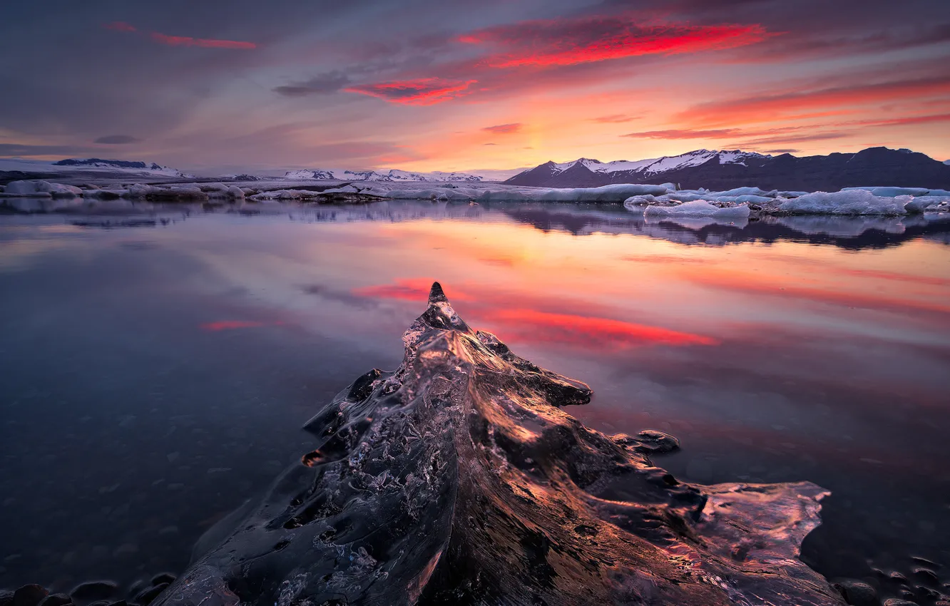 Photo wallpaper ice, the sky, mountains, nature, lake, dawn