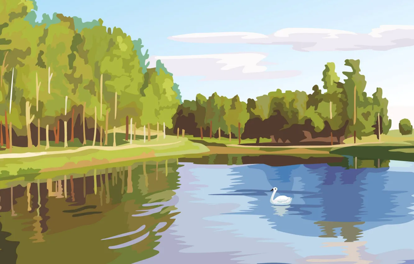 Photo wallpaper forest, lake, vector, Swan, digital painting
