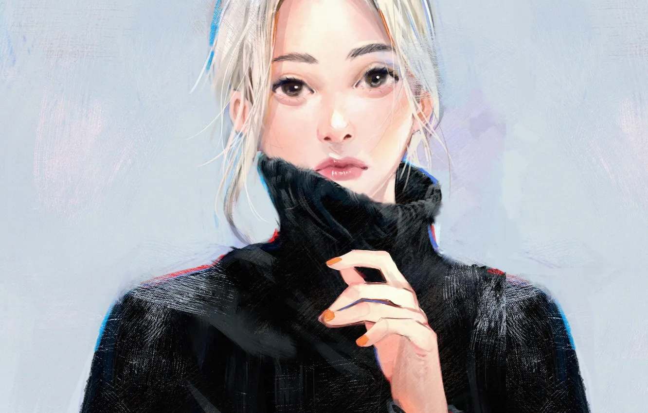 Photo wallpaper face, blonde, blue background, portrait of a girl, touch, black sweater