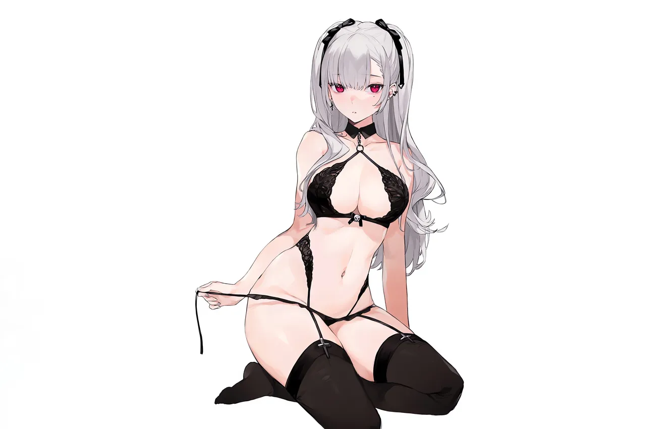 Photo wallpaper girl, sexy, lingerie, bra, cleavage, panties, thighhighs, long hair