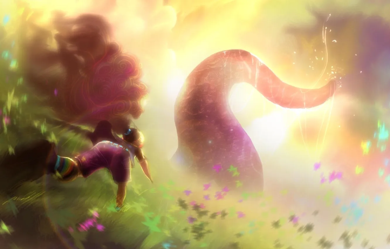 Photo wallpaper grass, children, hills, something, art, running