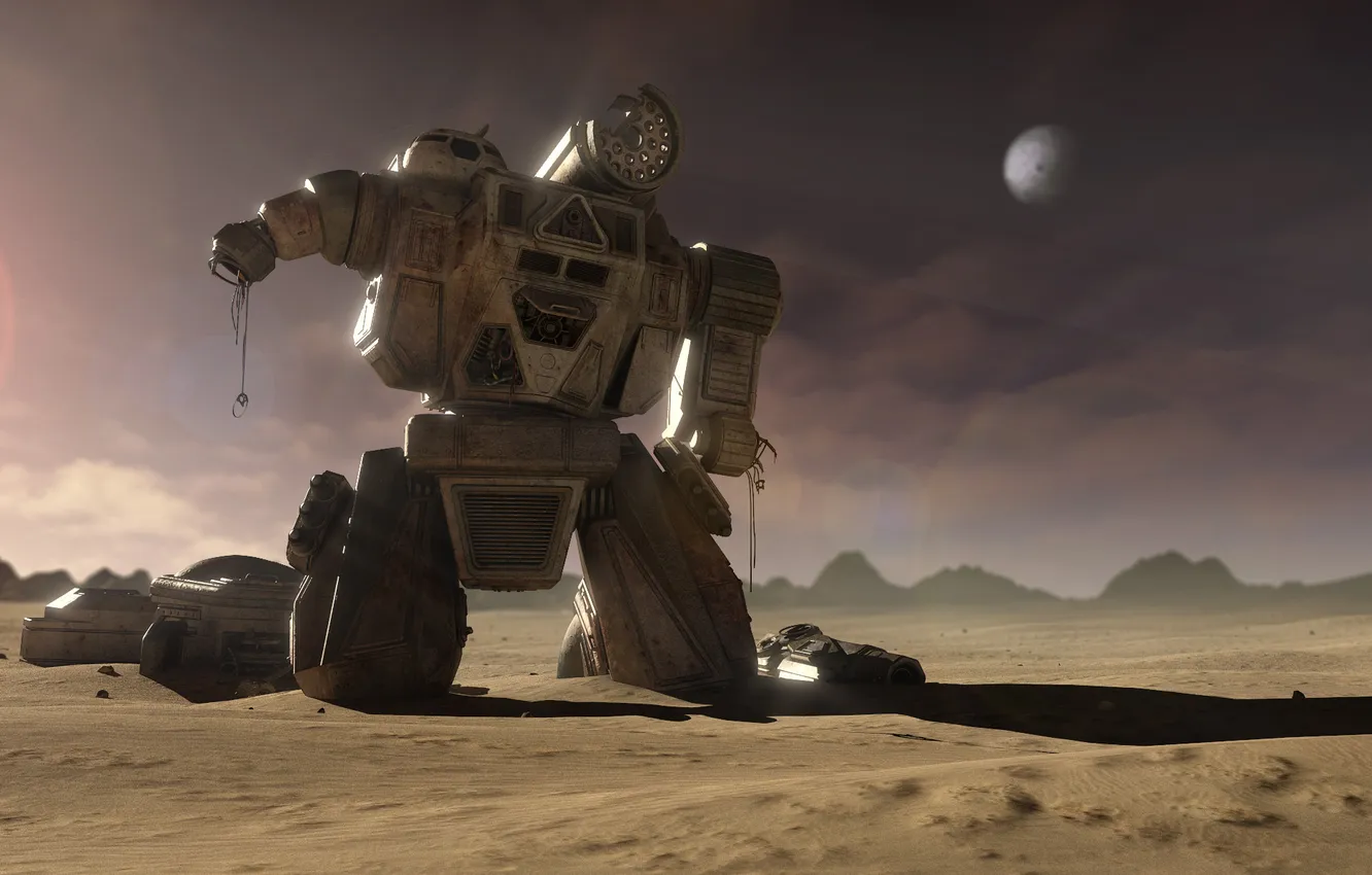 Photo wallpaper weapons, desert, mechanism, planet, robot, home, art, failure