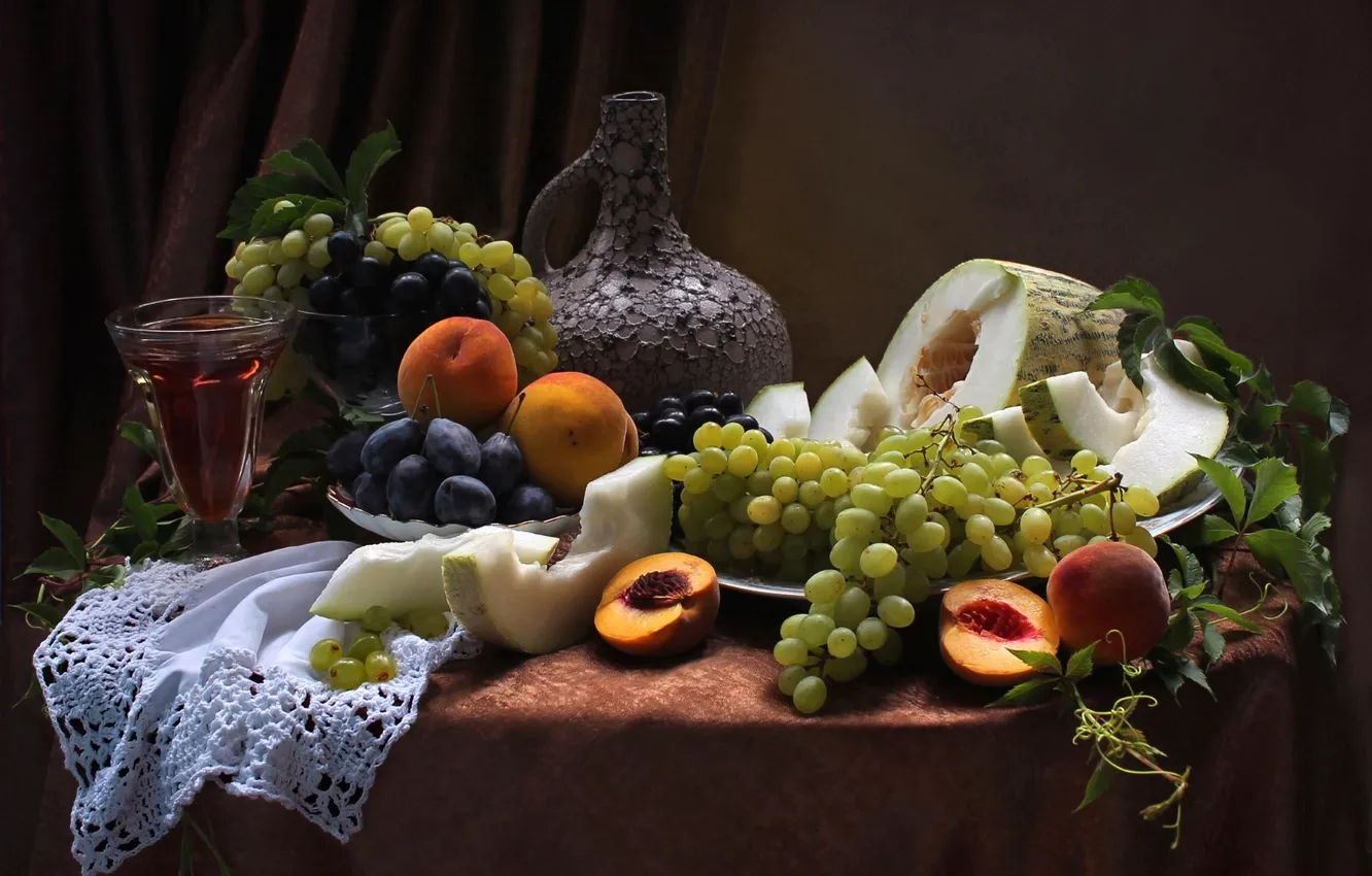 Photo wallpaper wine, glass, grapes, fruit, still life, peaches, plum, melon