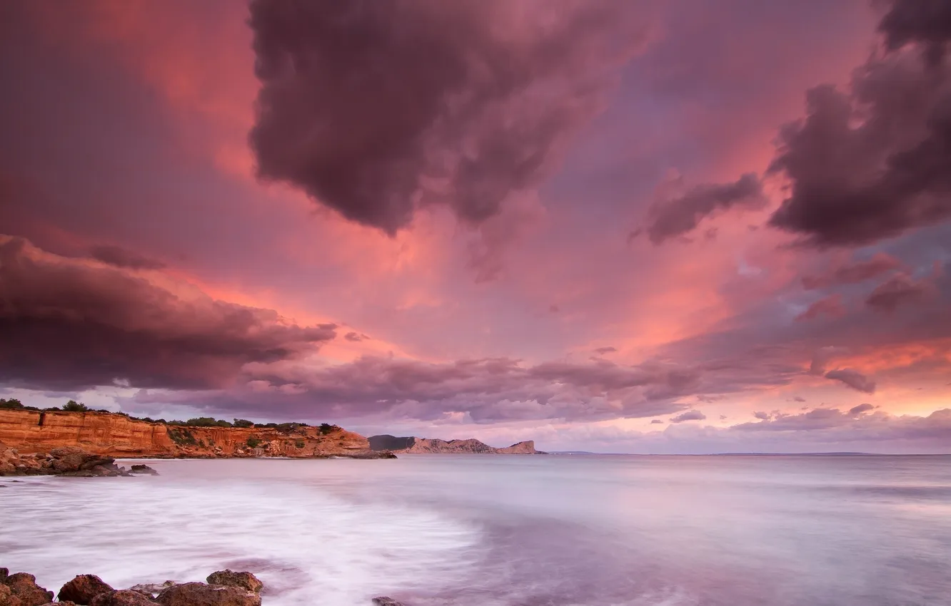 Photo wallpaper sand, beach, landscape, sunset, the ocean, rocks, shore