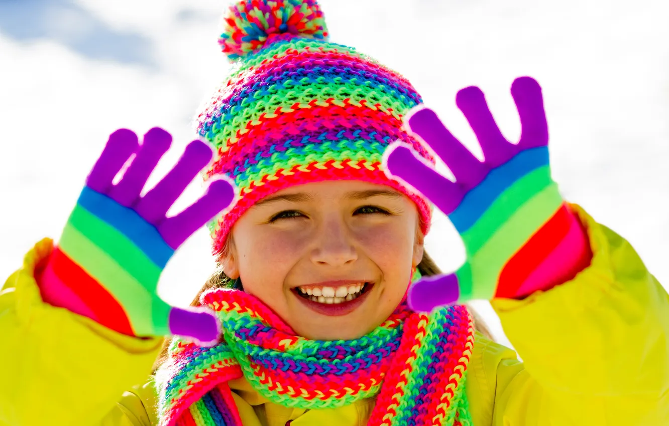 Photo wallpaper winter, snow, joy, children, scarf, cap, brightness, pompom