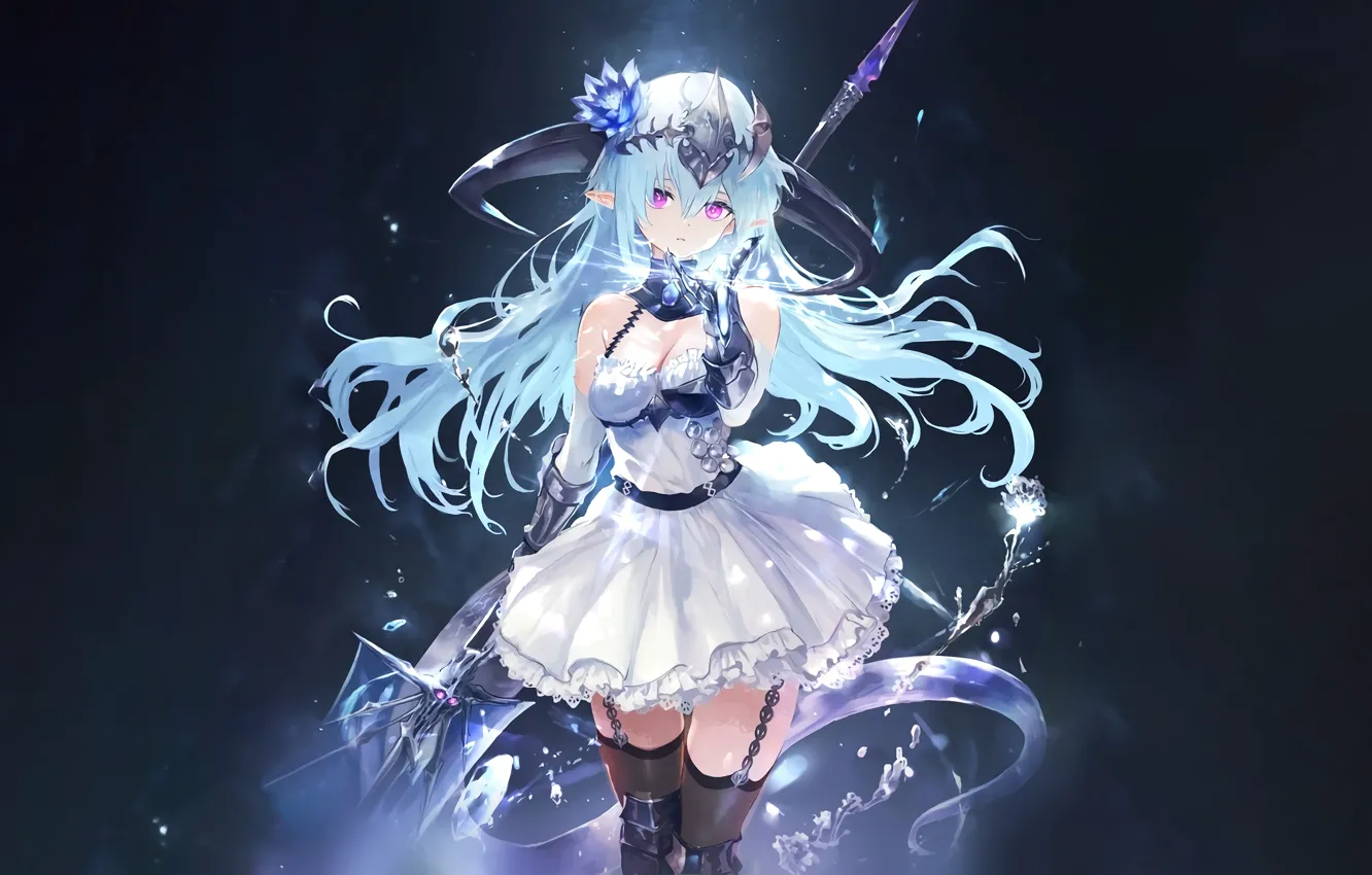 Photo wallpaper weapon, anime, red eyes, anime girls, blue hair, pointy ears, Shadowverse, Filene(Shadowverse)