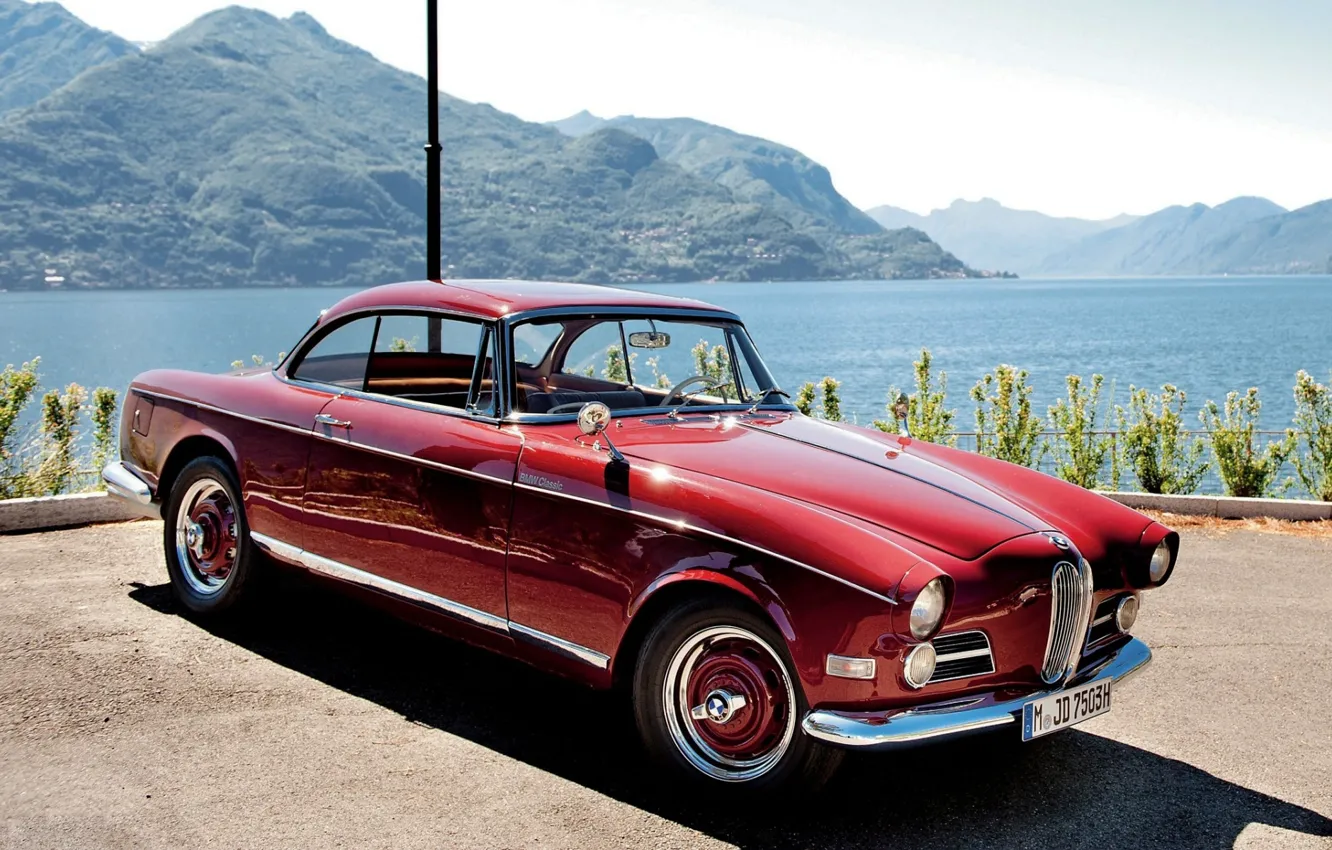 Photo wallpaper the sky, water, mountains, red, coupe, BMW, BMW, classic