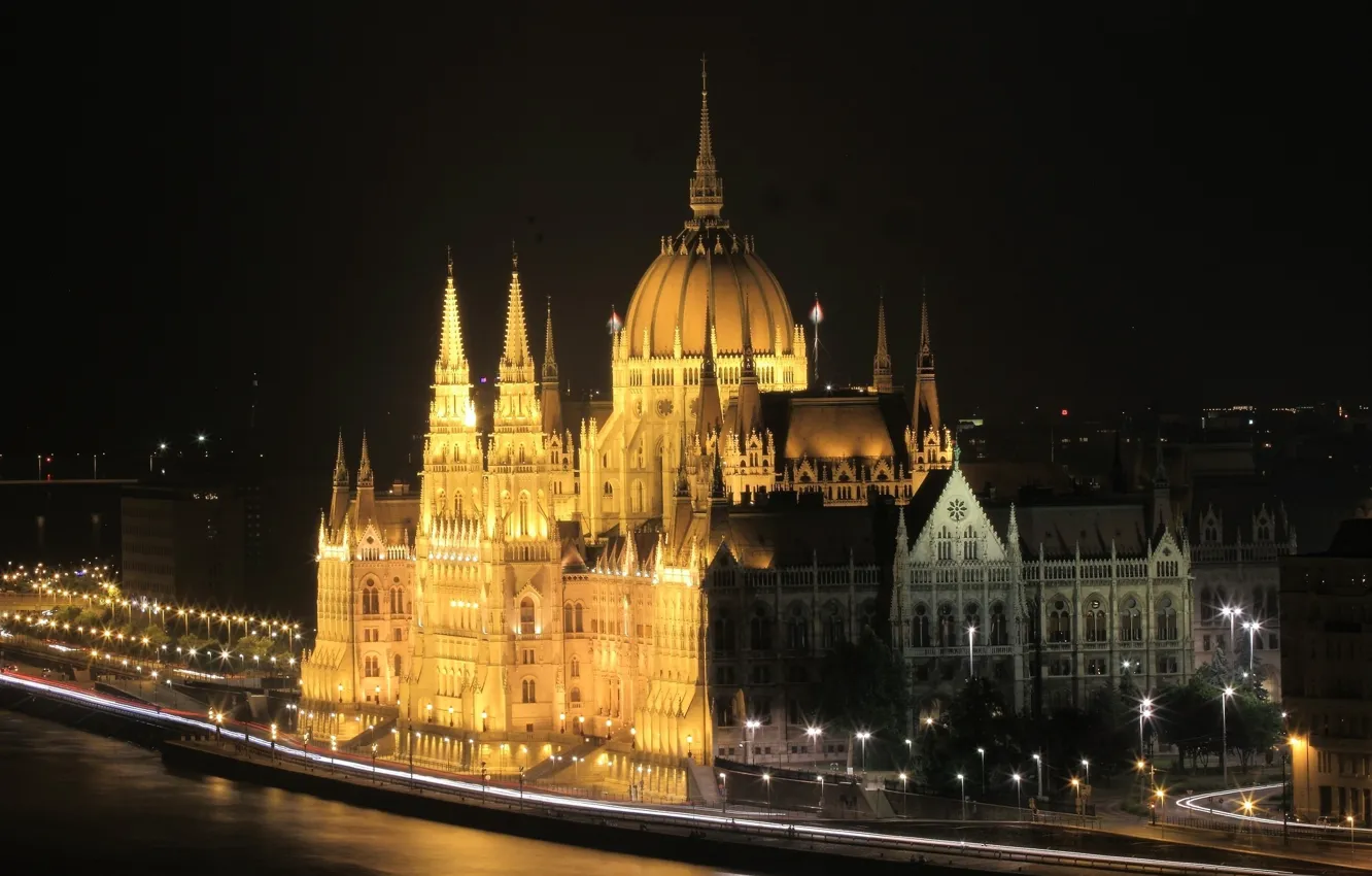 Photo wallpaper night, lights, Parliament, Hungary, Budapest