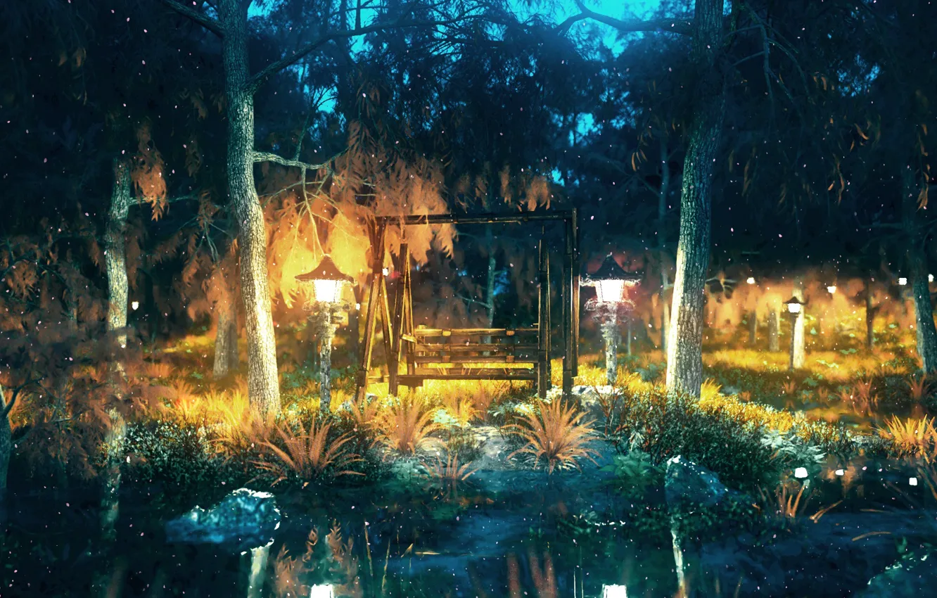 Photo wallpaper forest, night, pond, swing, lights, by K&P