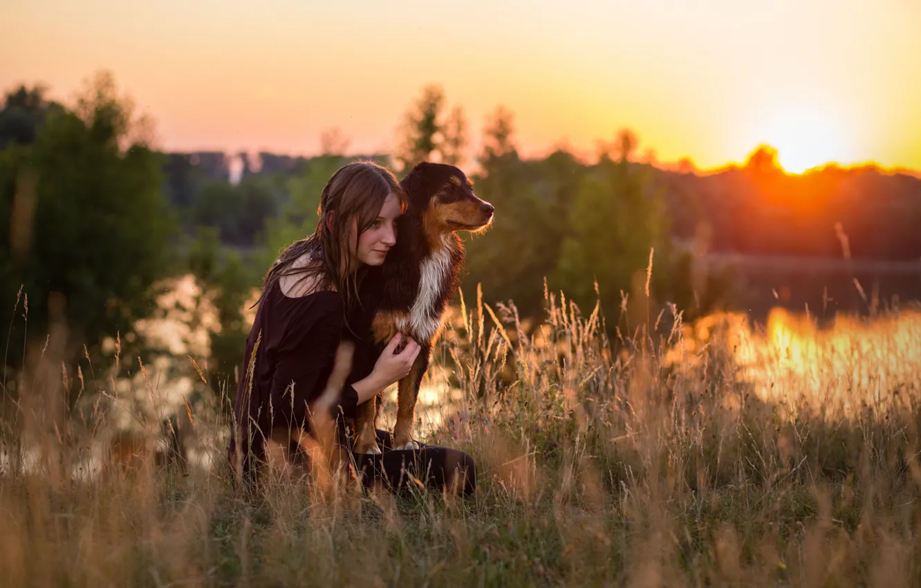 Photo wallpaper girl, nature, dog