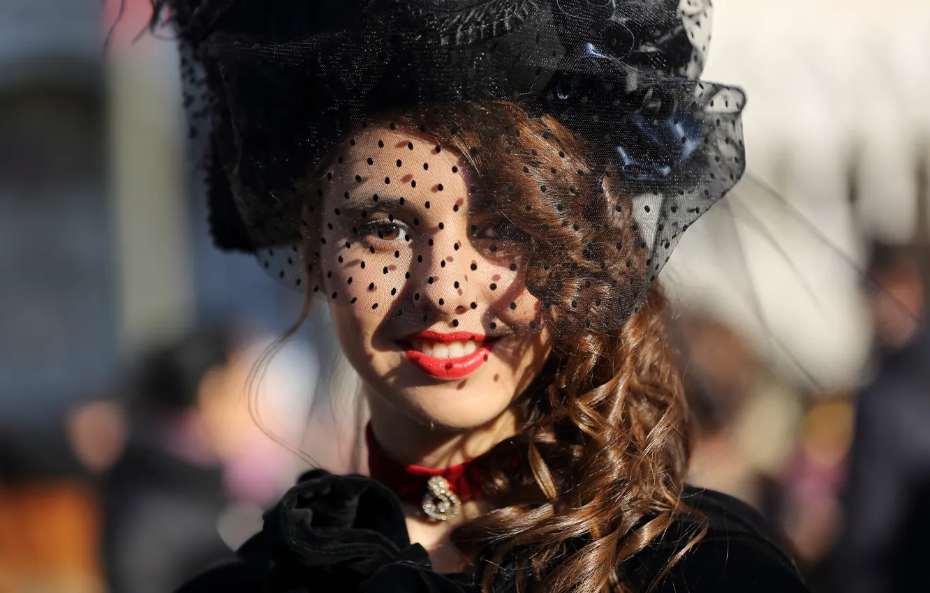 Photo wallpaper girl, smile, style, costume, carnival, veil