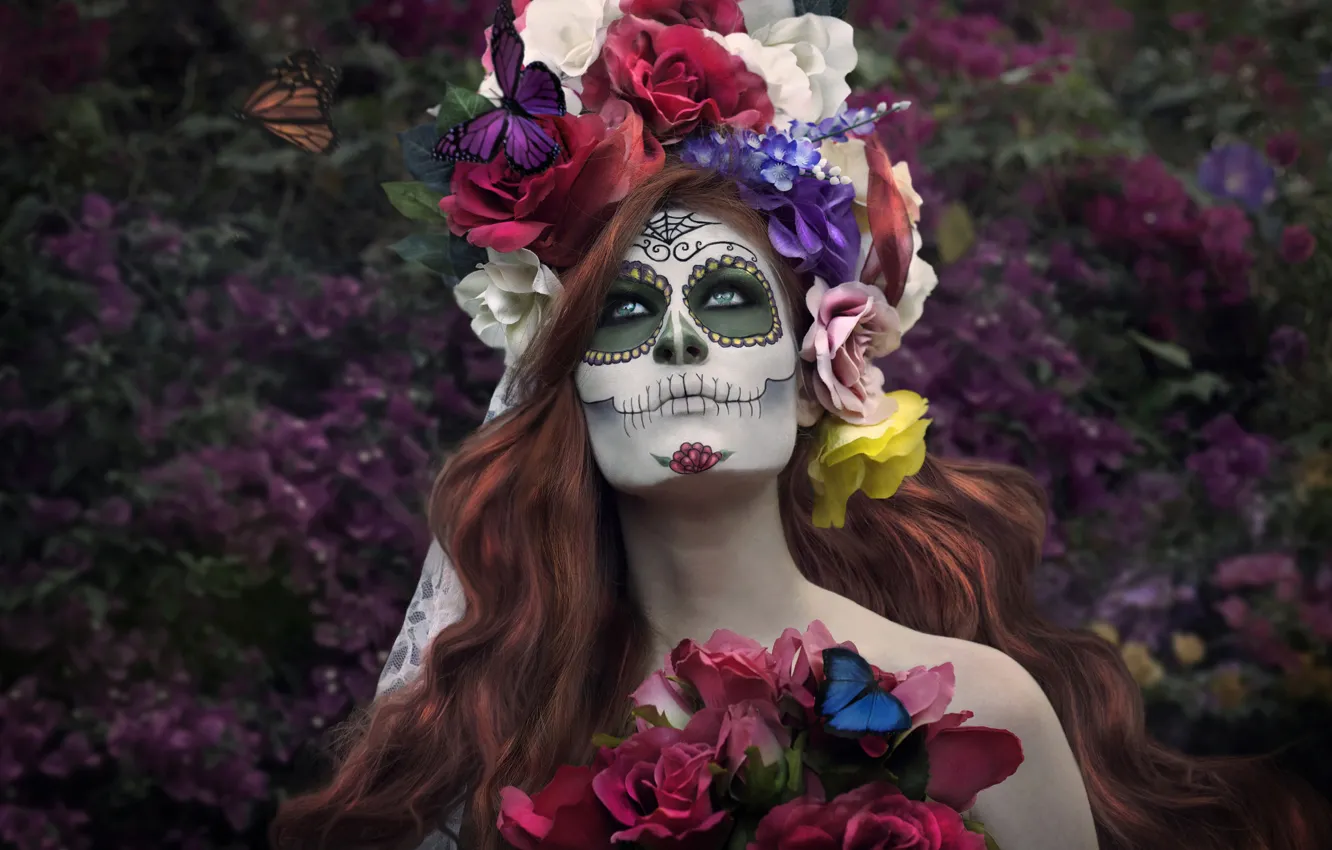 Photo wallpaper girl, butterfly, flowers, face, paint, day of the dead, day of the dead