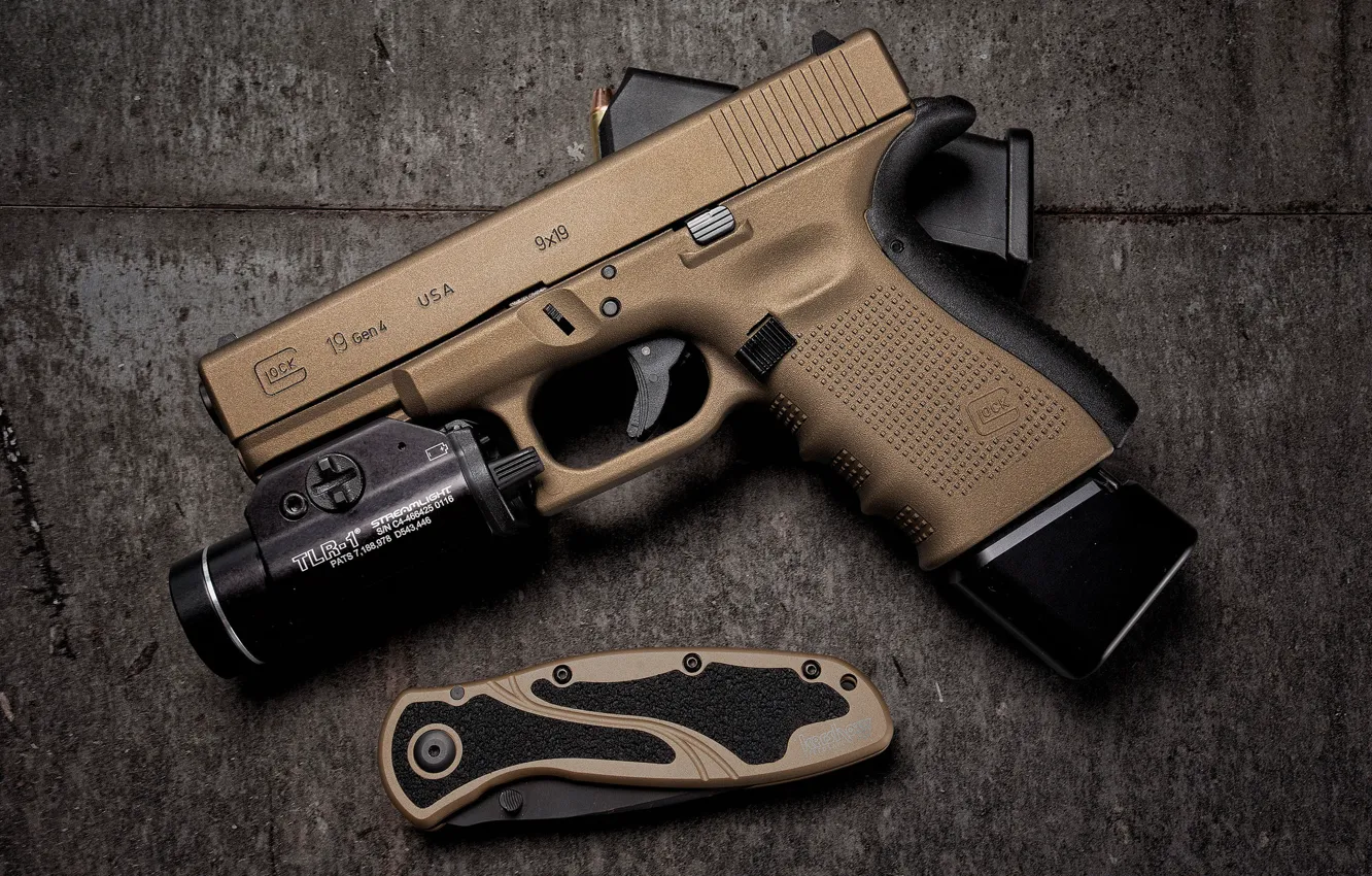 Photo wallpaper gun, background, knife, Glock 19