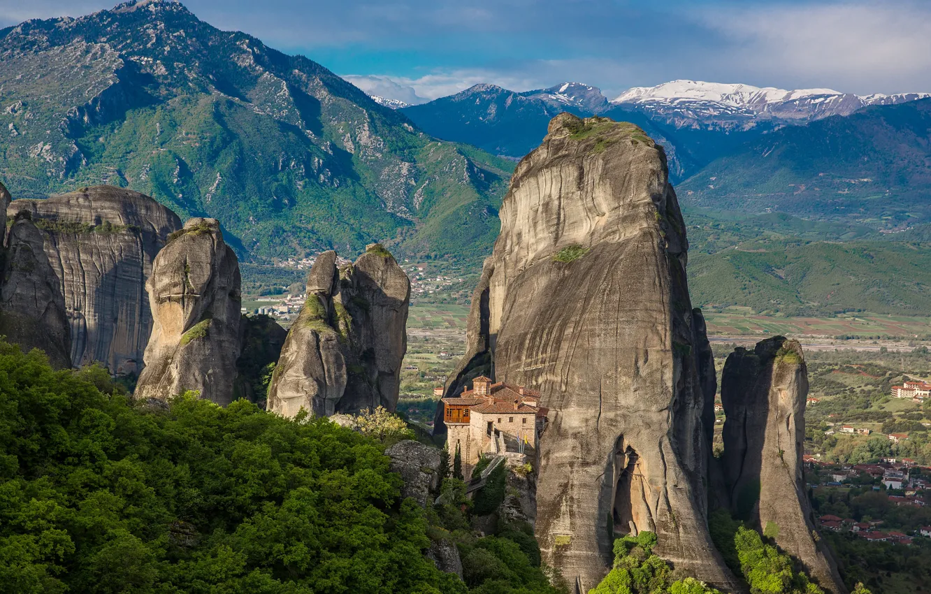 Photo wallpaper mountains, rocks, Greece, valley, the monastery, Meteors