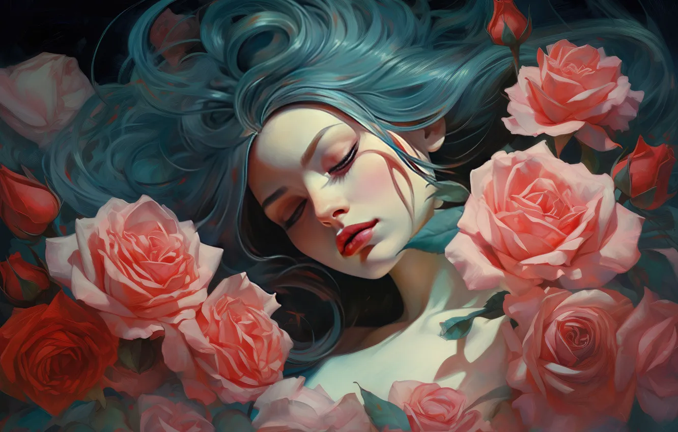 Photo wallpaper girl, flowers, roses, AI art, neural network