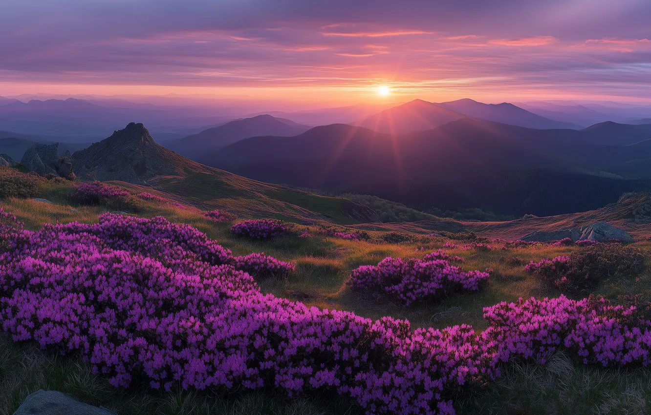 Photo wallpaper neural network, flowers, morning, stones, mountains, AI art, Azalea, rhododendrons