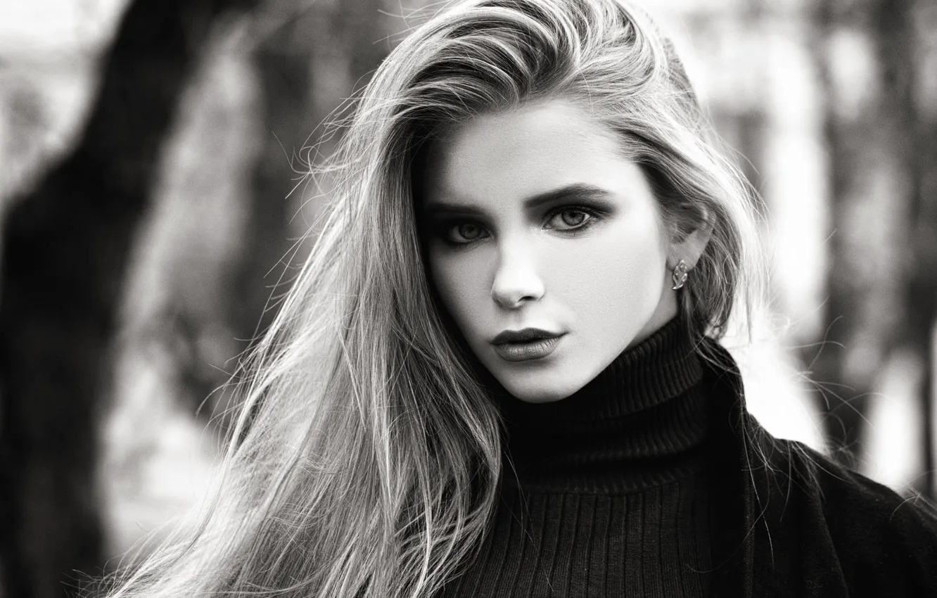 Photo wallpaper girl, face, photo, model, hair, makeup, black and white, sweater