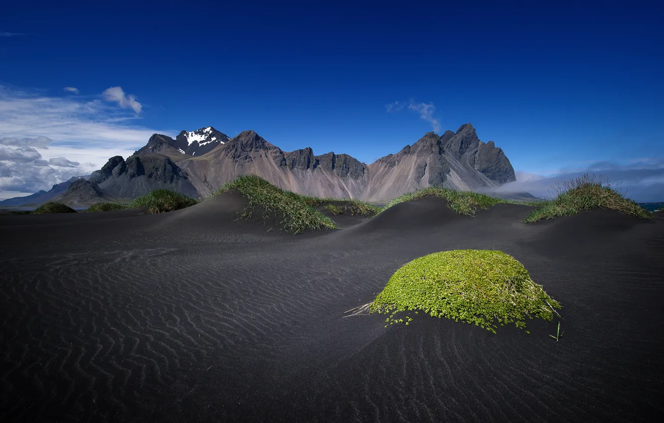 Photo wallpaper the sky, grass, mountains, Iceland, Vestrahorn, Stockksness, black sand