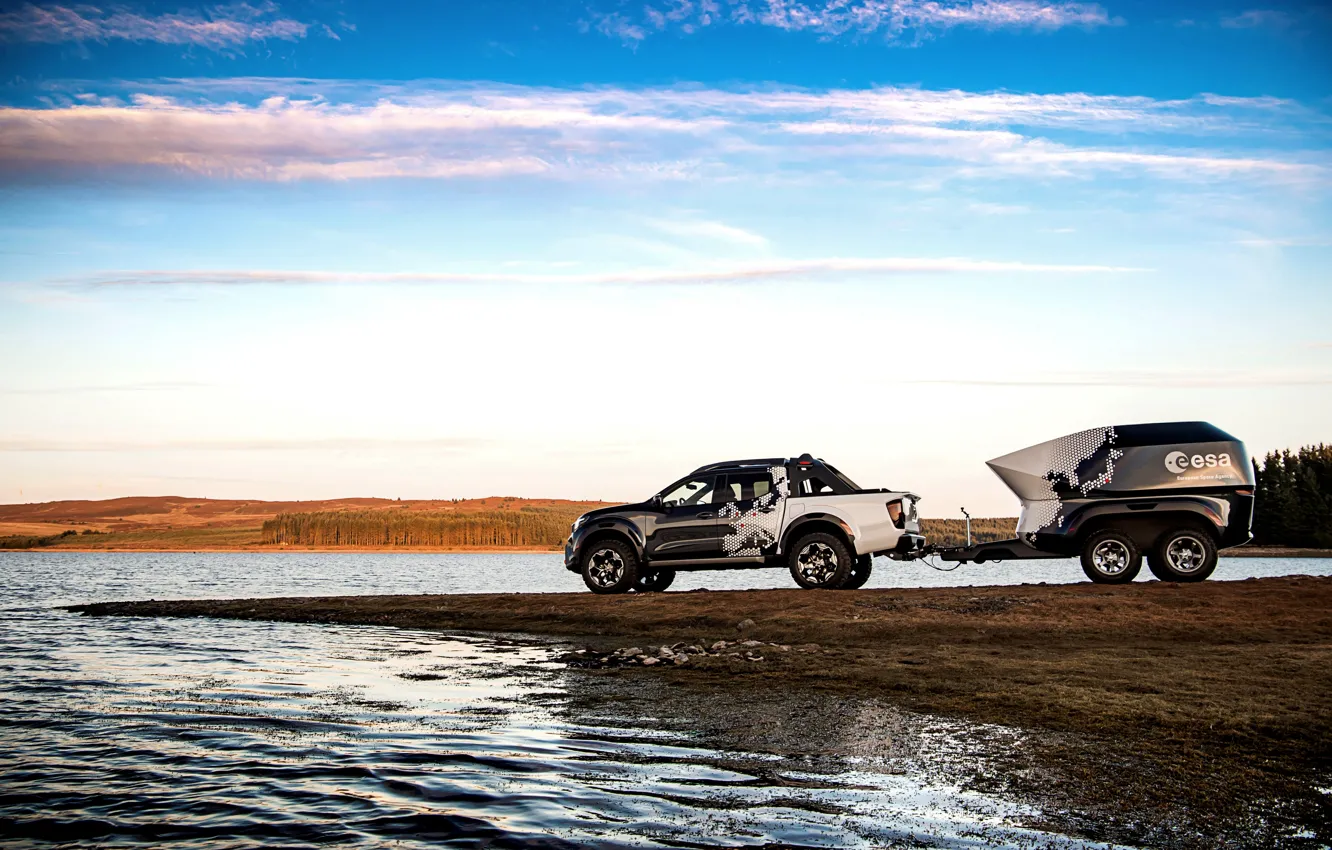 Photo wallpaper the sky, water, shore, Nissan, pickup, the trailer, pond, 2018