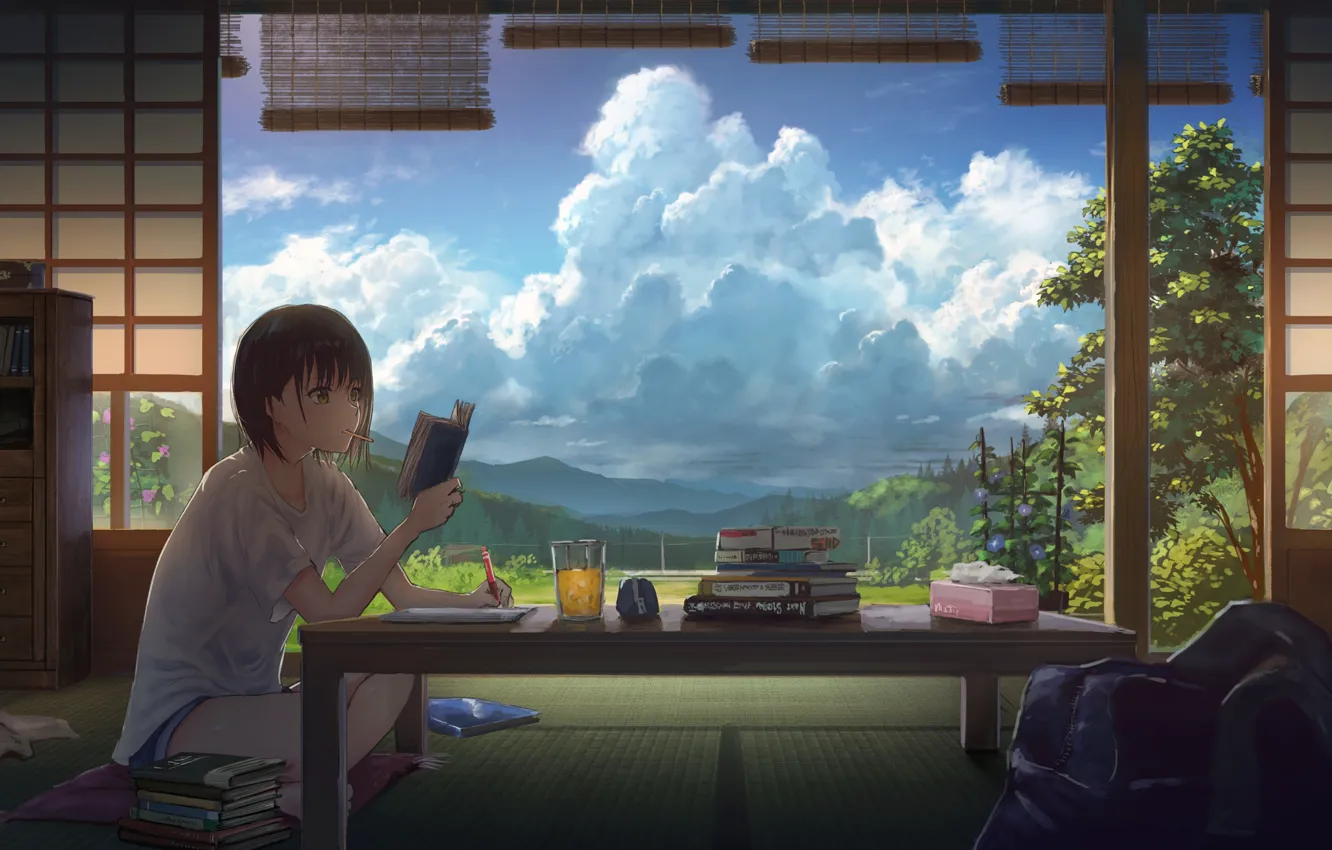 Photo wallpaper clouds, table, room, books, girl