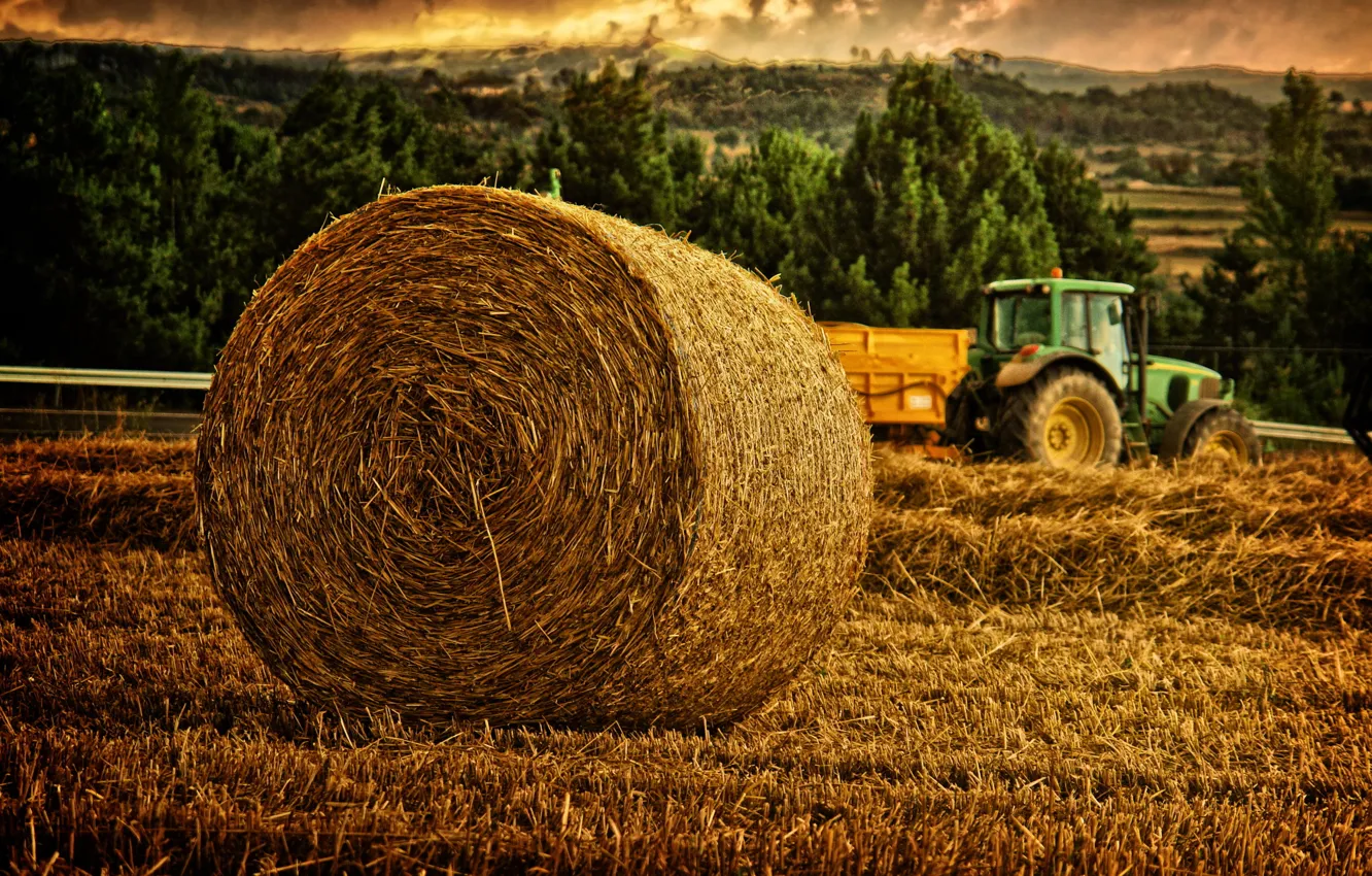 Photo wallpaper meadow, hay, tractor, hay, roll, shaft