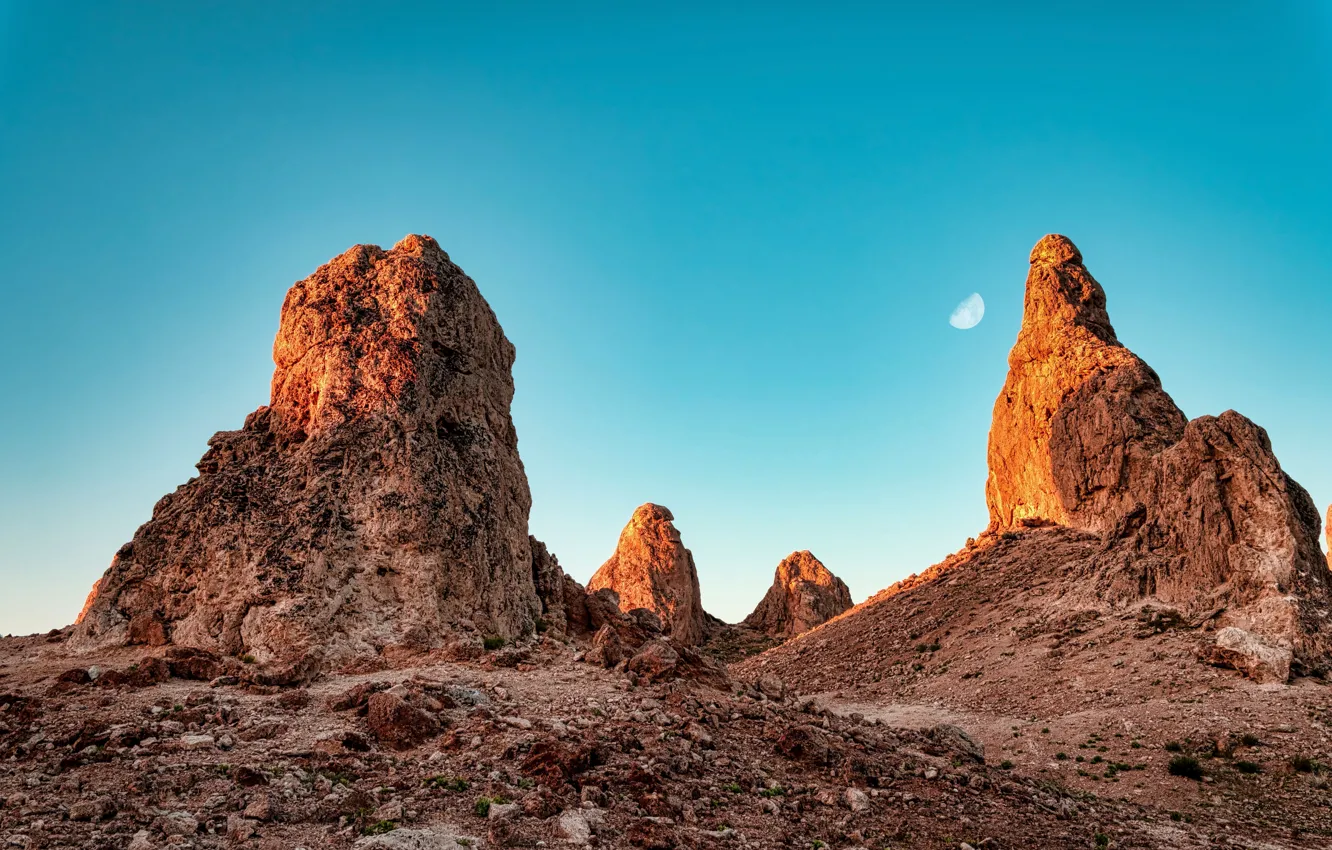 Photo wallpaper the sky, nature, rocks, the moon, desert, CA, USA, Trona pinnacles