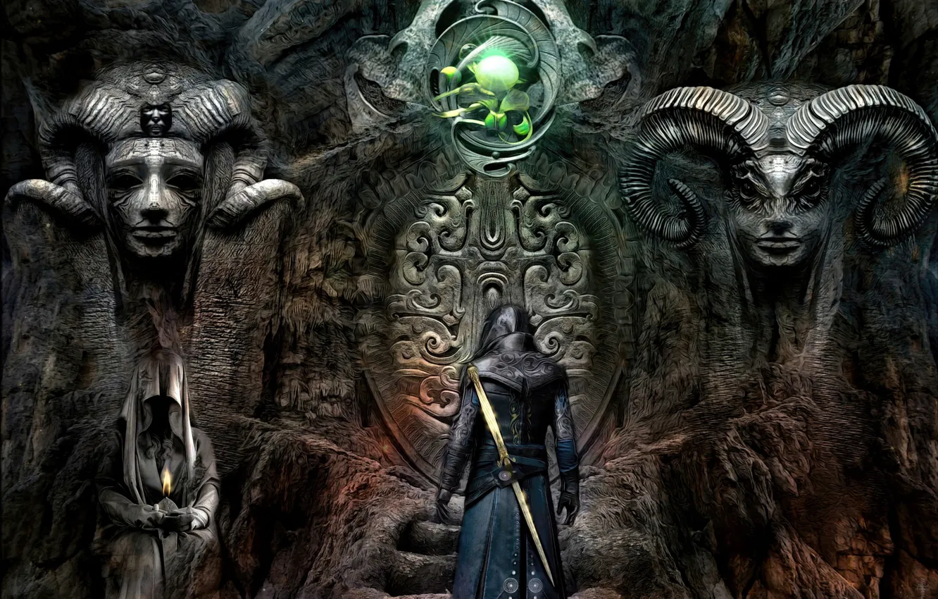 Photo wallpaper animal, sword, gate, male, sculpture