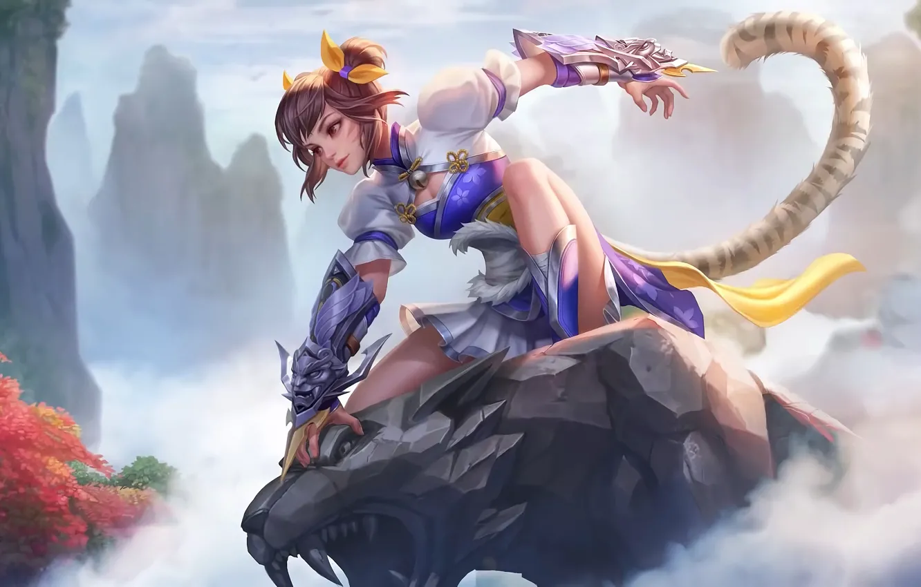 Photo wallpaper girl, trees, fog, rocks, Wanwan, Mobile Legends: Bang Bang!, panthea