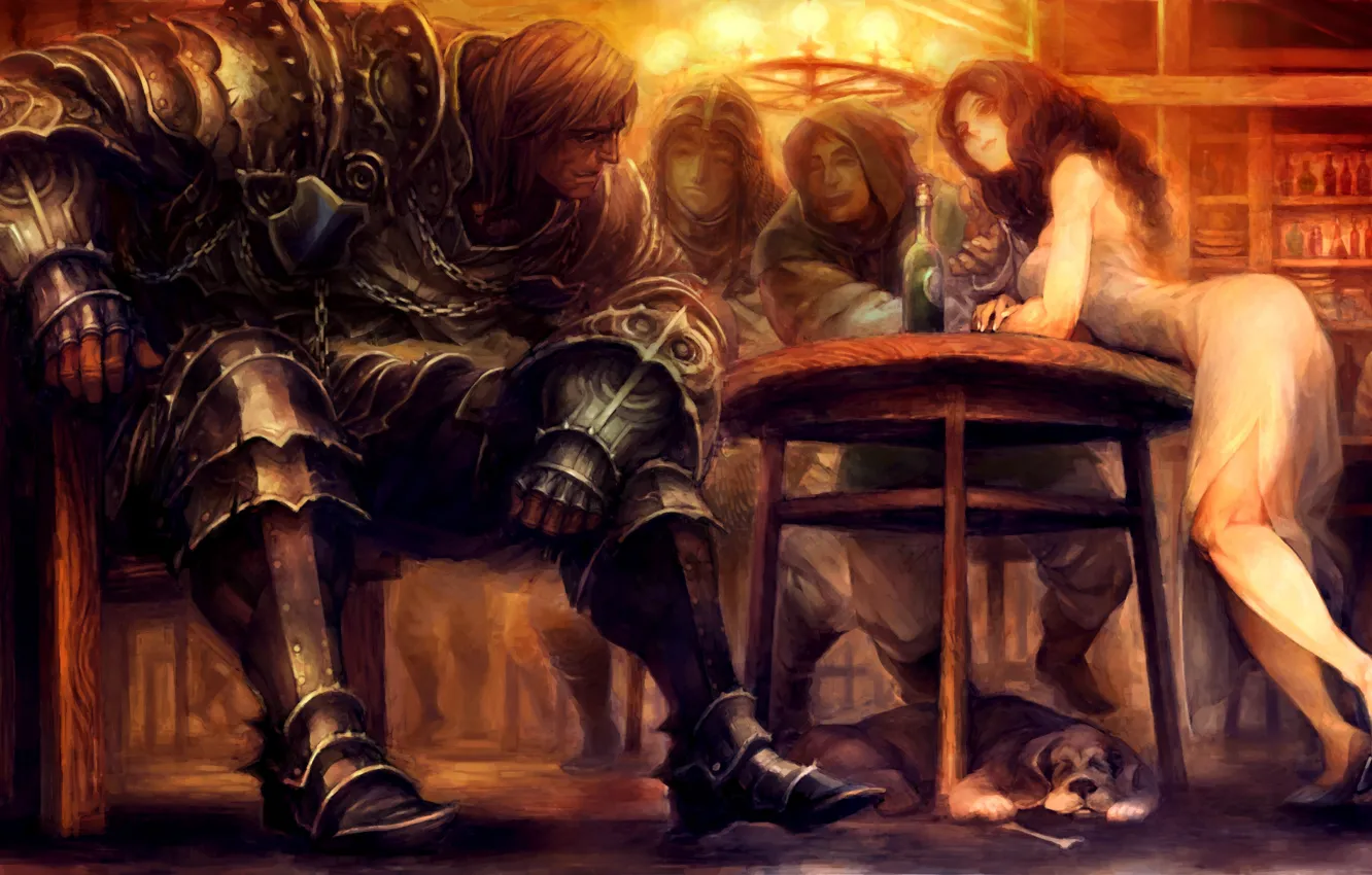 Photo wallpaper girl, fantasy, soldier, armor, dog, men, digital art, artwork