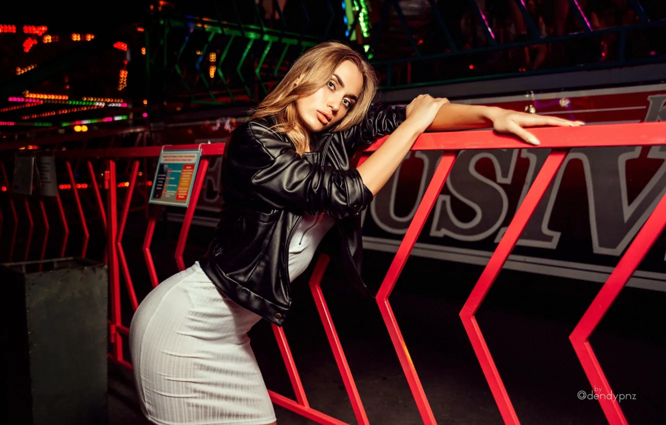 Photo wallpaper Curvy, panties, night, model, women, brunette, white dress, leather jacket