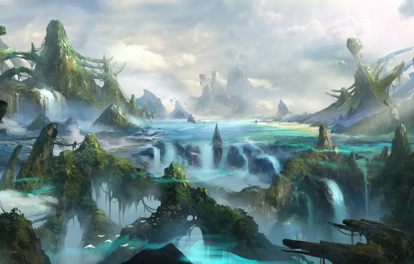 Photo wallpaper mountains, river, rocks, thickets, bird, waterfall, art, fantasy world