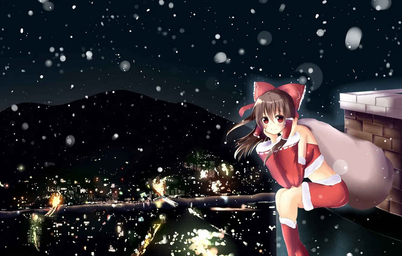 Photo wallpaper winter, roof, girl, stars, snow, night, new year, art