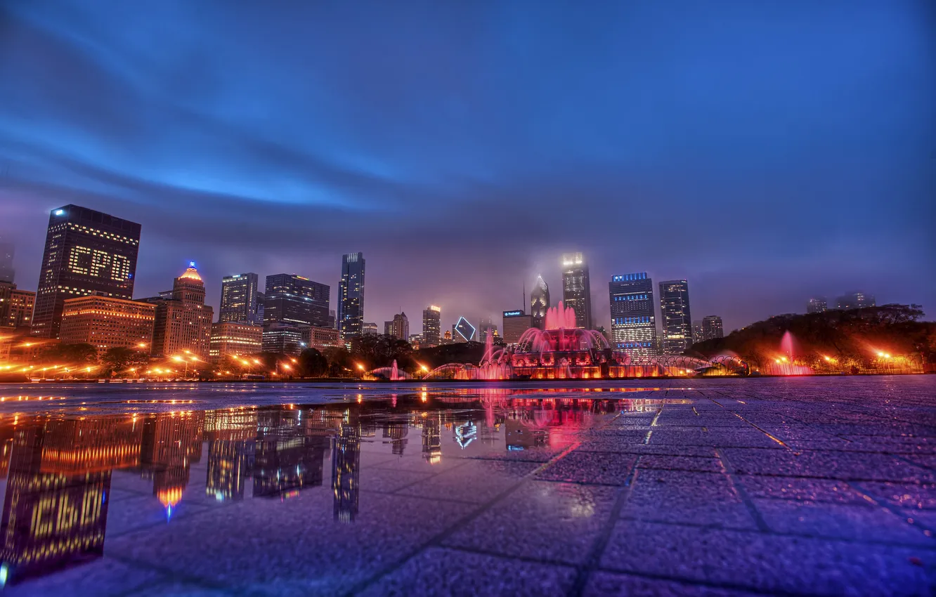 Photo wallpaper night, the city, lights, skyscrapers, Chicago, fountain, USA, Chicago