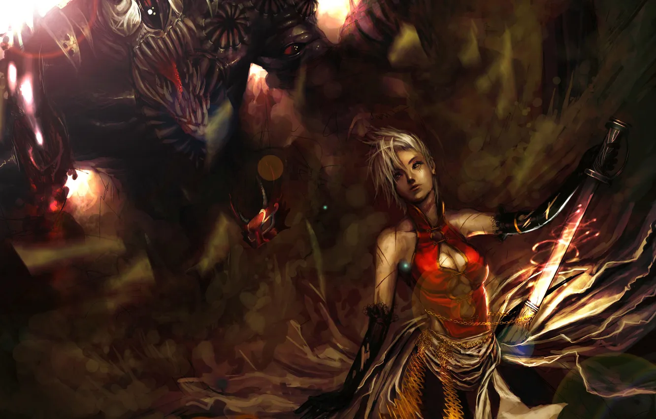 Photo wallpaper girl, magic, monster, sword, mask, mouth, fangs