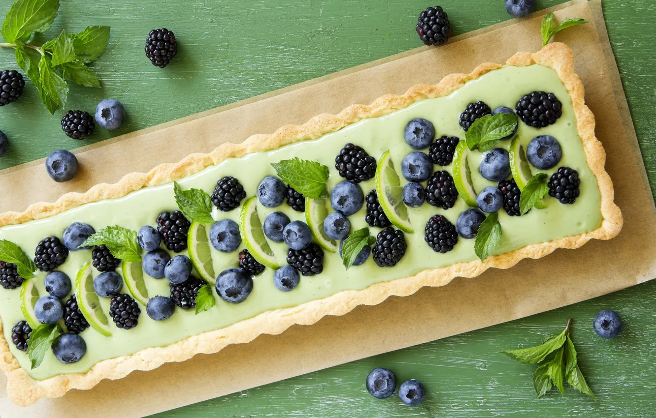 Photo wallpaper berries, lemon, blueberries, pie, mint, cream, BlackBerry